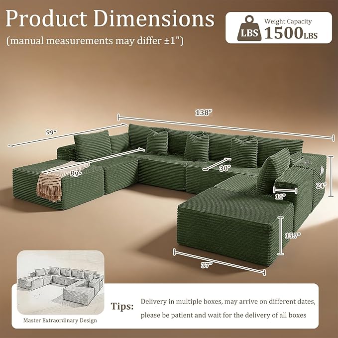 138" Cloud Sectional Couch, Comfort U Shaped Sofa for Living Room, Extra Deep Seats No Assembly, Minimalist Modular Couch, Corduroy (Olive Green, 8 Seats,U-Shape A)