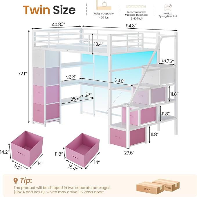 DICTAC Loft Bed Twin Size with Storage Stairs,Desk and Power Strips,Metal Twin Loft Bed with LED Lights,8 Storage Drawers &Open Shelves,Loft Beds for Kids,Teens,Adults with Safety Guardrail,White+Pink