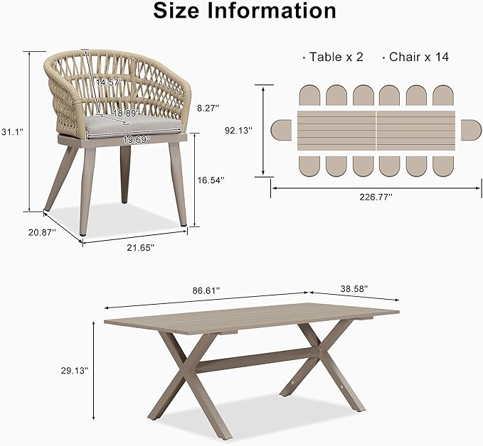PURPLE LEAF 16 Pieces Outdoor Dining Set All-Weather PE Rattan Outdoor Patio Furniture Set with All Aluminum Frame Rectangular Table and Chairs Set for Lawn Garden Backyard Deck, Champagne