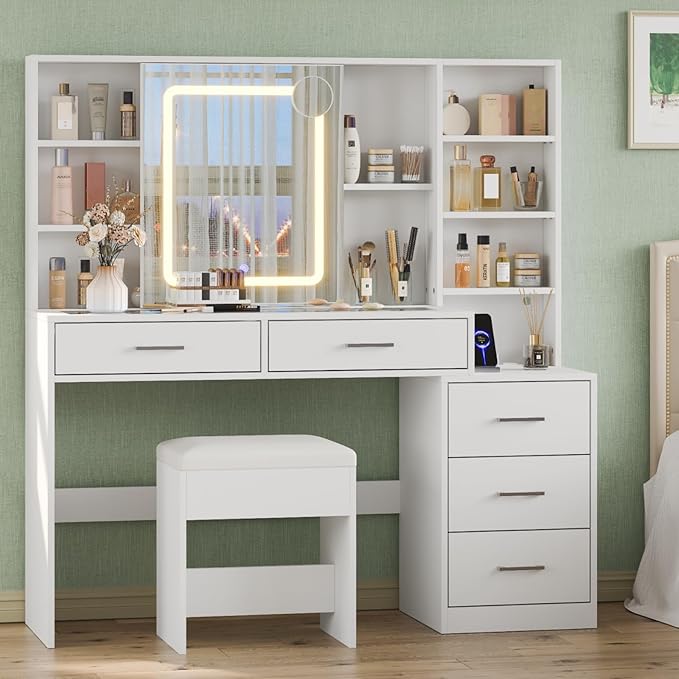 Yanosaku 51" Makeup Vanity with Sliding Mirror and Lights, Vanity with Charging Station, Vanity Desk with 5 Drawers, 2 Adjustable Shelves, Glass Top, Makeup Vanity Desk with Chair for Bedroom, White