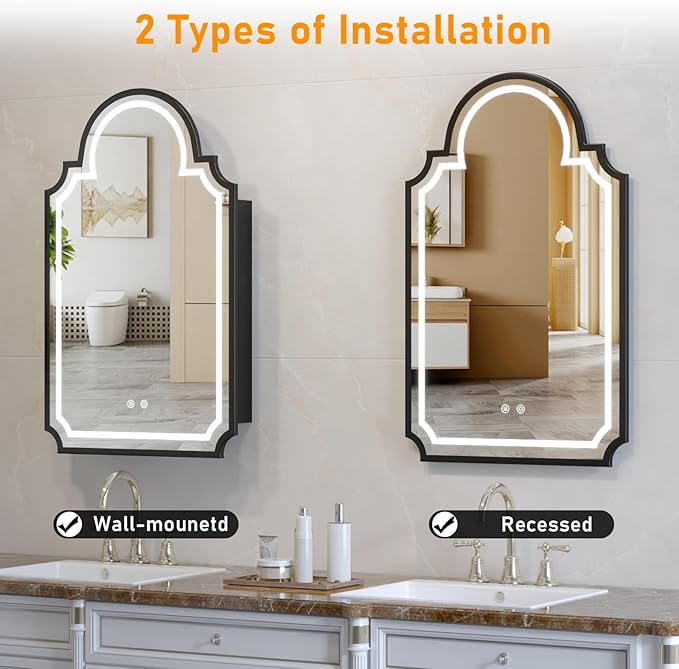 20''x32'' LED Medicine Cabinet with Mirror, Recessed & Wall Mounted Bathroom Mirrors with Storage and Lights, Anti-Fog Dimmable 3 Color Temperature, 2 Adjustable Shelves, Full Metal Medicine Cabinets
