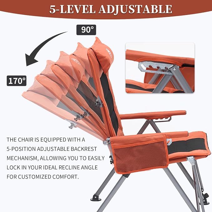 Folding Reclining Camping Chair with Footrest, 5-Position Adjustable Lounge Chair with Headrest & Cushion, Portable Heavy Duty Camping Chair for Outdoor, Beach, Patio, Office (Orange)