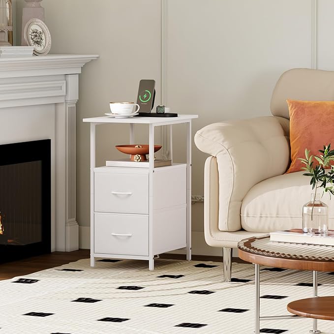 Somdot End Table Set of 2 with Charging Station, Narrow Side Table with 2 Fabric Drawers, Skinny Nightstand with Storage, Small Slim Bedside Table for Living Room, Sofa, Bedroom, Couch, White