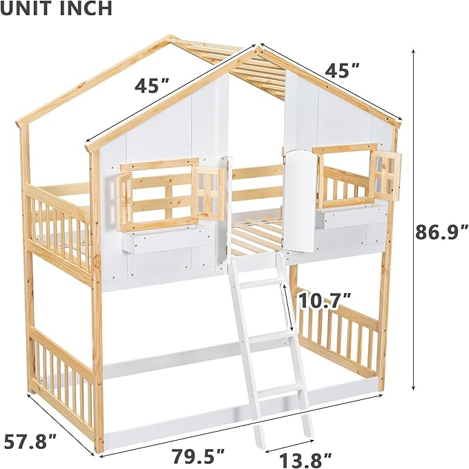Wooden Twin Over Twin Floor Bunk House Bed with Door and Window Built-in Storage Box, Low Loft Bunk Bed for Kids Girls Boys Adults, No Box Spring Needed, Natural/White