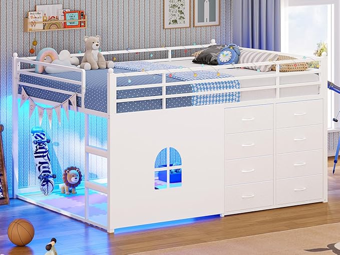 UPOSOJA Full Over Twin Bunk Bed with 8 Fabric Drawers, RGB LED Lights & Under-Bed Play Zone – F Over T Low Loft Bed with Soft Padded 2-Step Ladder, Space-Saving Bed for Kids, Teens (White, Full)
