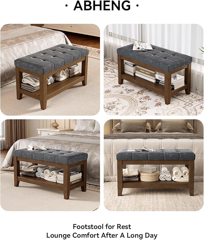 ABHENG Solid Rubber Wood Shoe Bench, Soft Chenille Material Upholstered Seat, 770LB Load Capacity, Multi-Storage for Entryway/Bedroom/Living Room, Vintage Style, 31.5"x15.7"x17.7", Dark Gray,UASND66G