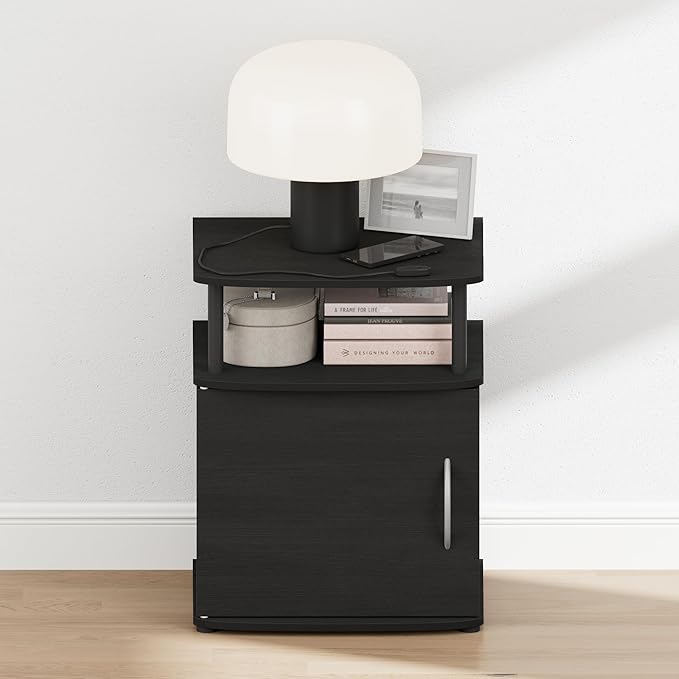 Furinno Jaya Night Stand with Door, Nightstand with Open Shelf and Door Cabinet, Round Corner Bedside Table, Side Table, End Table, for Bedroom, Closet, Dorm, Blackwood