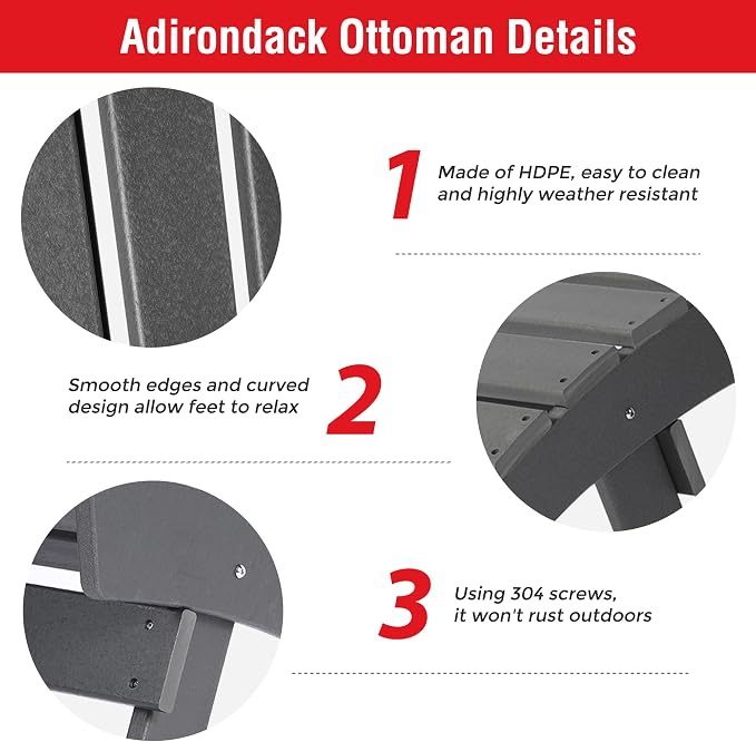 Costaelm Adirondack Chair Footrest, Patio Footstool, Ottoman Outdoor Foot Rest for Patio Waterproof, Adirondack Ottoman Patio Footstool, Gray