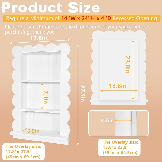 Royxen Bathroom Wall Cabinet with 3-Tier Shelves,Wooden Recessed Medicine Cabinet Over Toilet Storage Cabinet,Scalloped Large Medicine Cabinet Niche for Bathroom Storage Organizer,18 x 24 Inch, White