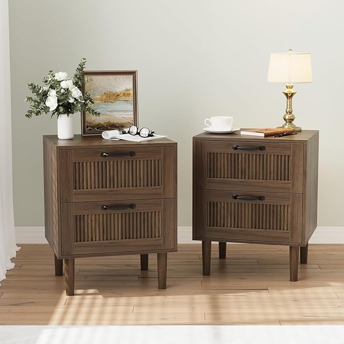 Kiasthome Wood Nightstand with 2 Drawers - Stylish Bedside Table for Bedroom, Functional End Table with Textured Front