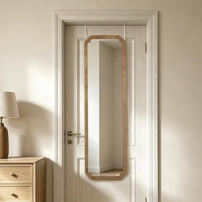 WallBeyond 48" x 14" Full Length Door Mirror with Rustic Rounded Corner Wood Frame, Over the Door Hanging Mirror for Bedroom, Closet, Dressing Area and Entryway, Natural
