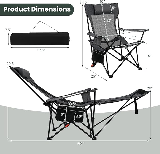 Tangkula Reclining Camping Chair Set of 2, 2 in 1 Porable Folding Lawn Chair with Removable Footrest, 4-Position Adjustable Backrest, Cup Holder & Side Pocket, Carry Bag
