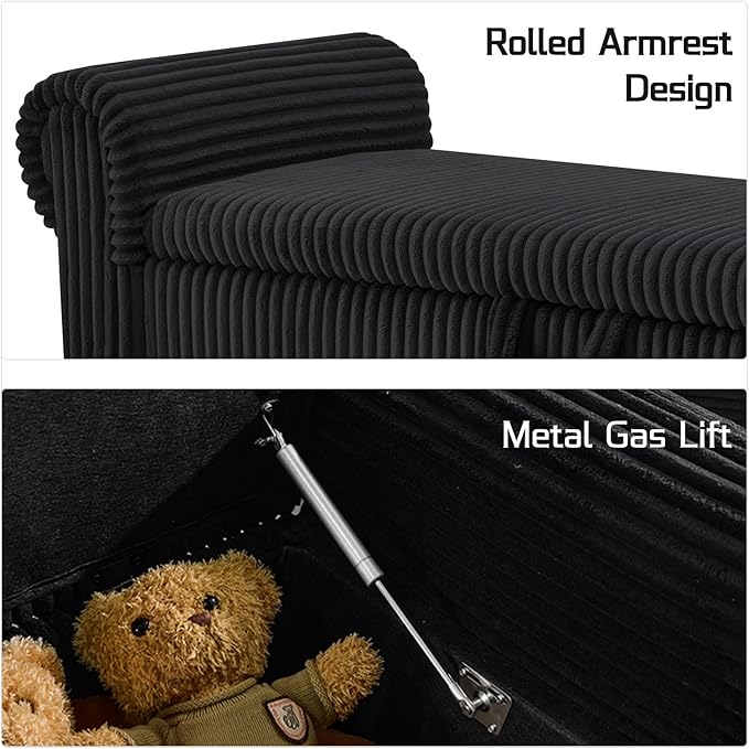 Storage Bedroom Bench for End of Bed, Storage Ottoman with Rolled Arms for Bedroom, Living Room, Entryway (Black)