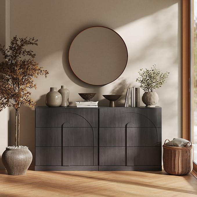 BELLEZE Sideboard Cabinet with 3 Drawers, Set of 2 Modern Wood Buffet Cabinet with Arc Design, Large Fluted Sideboard with Storage for Dining Room Living Room Entryway, Ebony