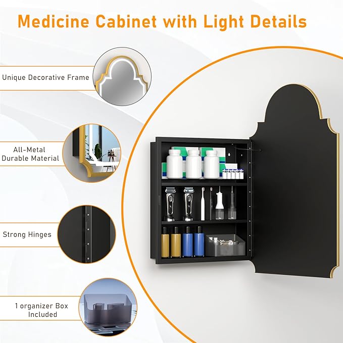 20"x32" LED Medicine Cabinet with Mirror, Recessed or Surface Mount Medicine Cabinets for Bathroom, Full Metal, Decorative Art Arched Mirror with Storage, 2 Shelves and 1 Organizer Box, Bling Gold