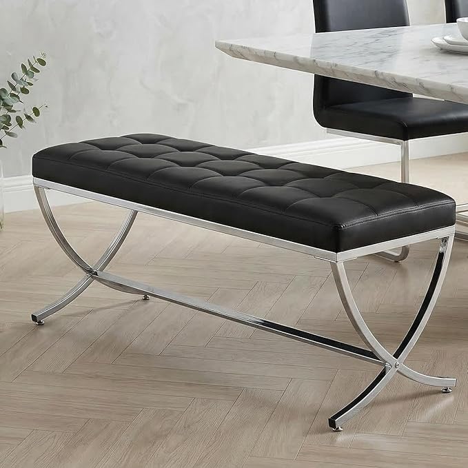 LukeAlon Modern PU Leather Dining Bench, Button Tufted Ottoman Bench with X-Shape Chrome Finish Upholstered End of Bed Bench Comfy Entryway Bench for Bedroom Kitchen, Black