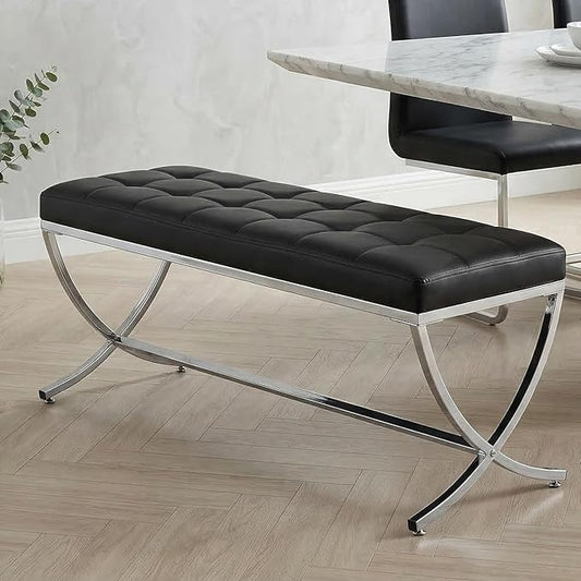 LukeAlon Modern PU Leather Dining Bench, Button Tufted Ottoman Bench with X-Shape Chrome Finish Upholstered End of Bed Bench Comfy Entryway Bench for Bedroom Kitchen, Black