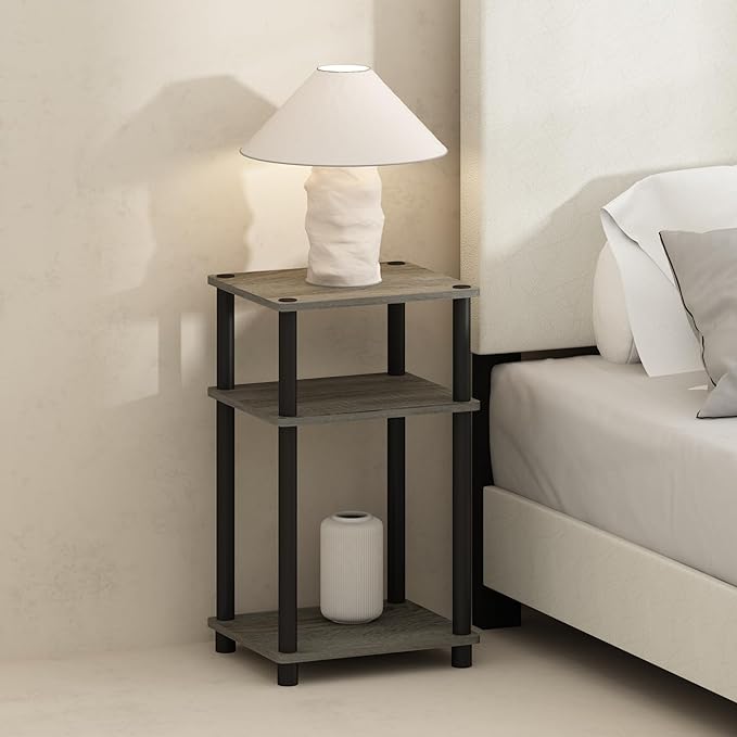 Furinno Just 3-Tier Turn-N-Tube Open Storage Nightstand, 2-Pack, Plastic Poles, French Oak/Black