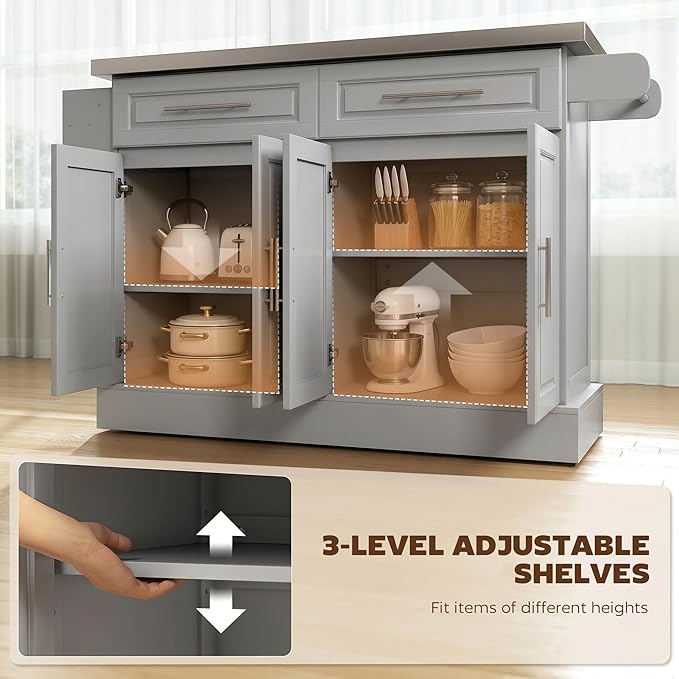 HOMCOM Rolling Kitchen Island Cart with 47" Stainless Steel Top, Portable Island Table for Kitchen with Wheels, Adjustable Shelves, 2 Drawers, Spice, Knife and Towel Rack, Gray