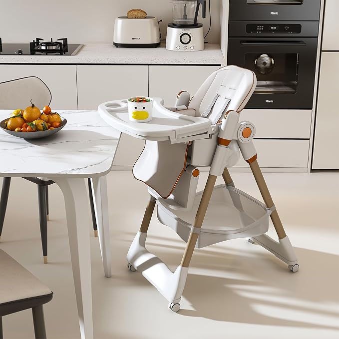 Foldable Baby High Chair with 150° Swing & Recline,Convertible High Chairs for Babies and Toddlers,5 Height Levels,3 Backrest & Footrest Positions,Removable Double Tray,Lockable Wheels (White 1)