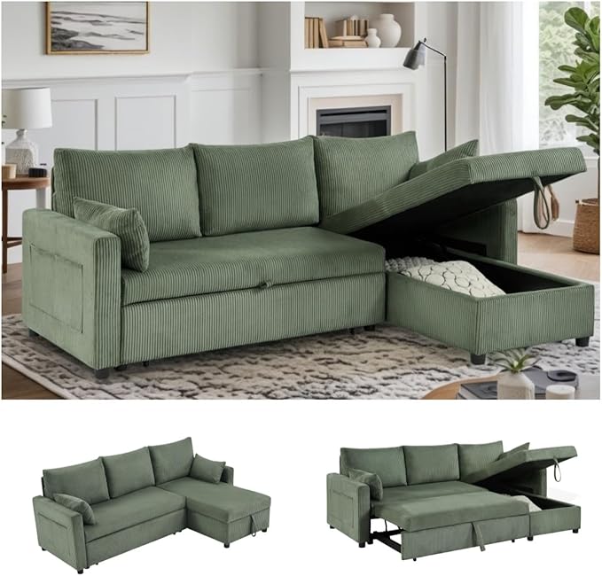 Sectional Sleeper Sofa with Pull Out Bed, L Shape Convertible Sofa Bed Couch with Storage Chaise, 3 in 1 Pull Out Sofa Bed with 3 Seats for Living Room,Apartment, Green, 85Inch