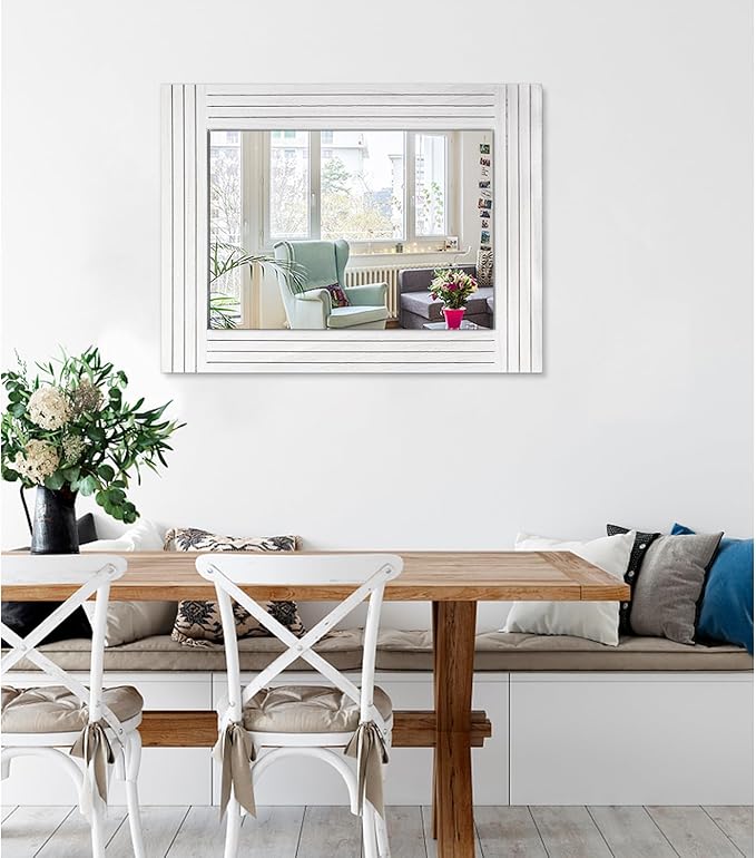 Rustic Wall Mirror, Rectangular Vintage Wood Framed Large Mirror for Living Room, Bathroom, Bedroom & Entrance - White, 26" x 18"