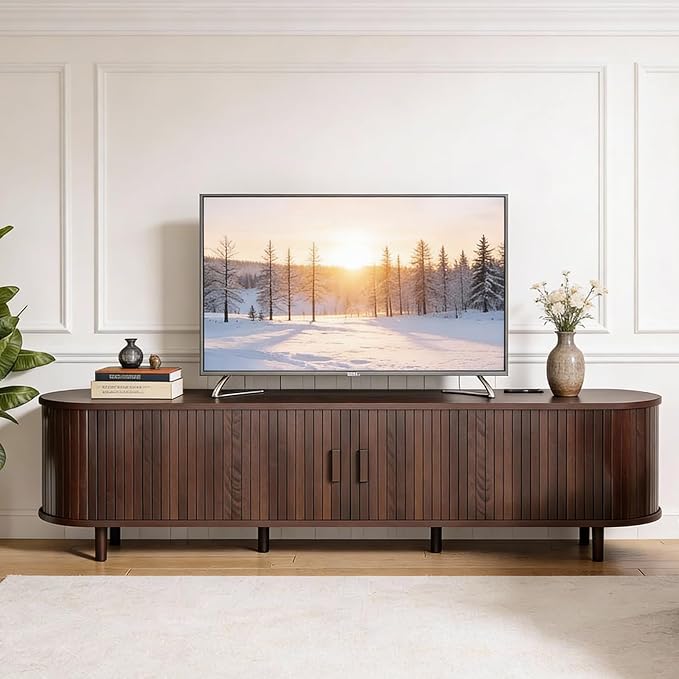 70" Mid Century Modern TV Stand, Wood TV Consoles with Sliding Doors and Power Outlet, Entertainment Center with Adjustable Shelves, Fluted TV Stands for Living Room, Walnut