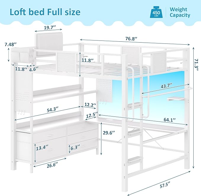Loft Bed with Desk,Full Size Loft bed with 5 Drawers & 3 Open Shelves and & Clothing Rack,Loft Bed Full Size with Charging Station &LED Light & Thickened Tread Stairs for Adults/Kids/Young Teens,White