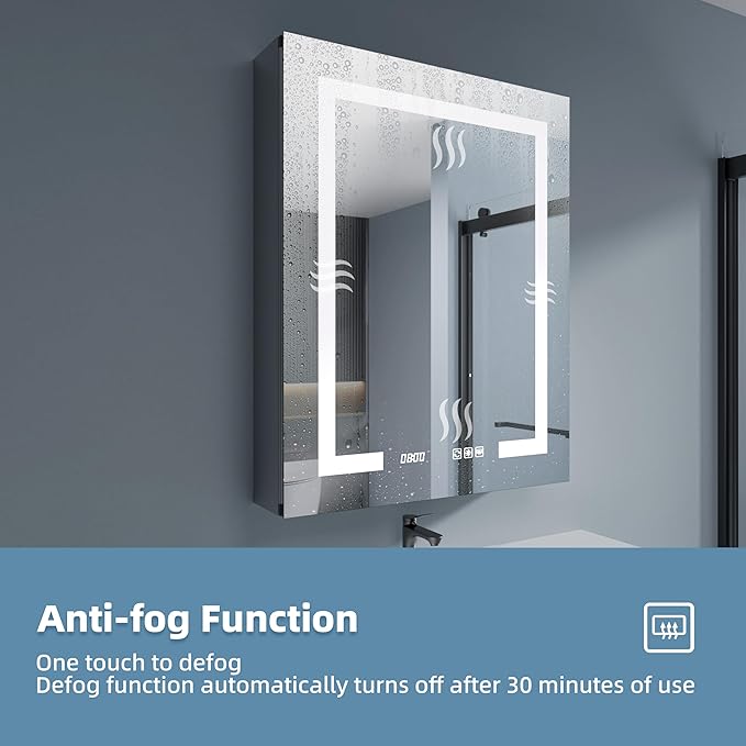 LED Medicine Cabinet Mirror, 24x30 Inch Bathroom Storage, Recessed/Wall Mount, Plug-in/Hardwired, 3 Color Dimmable Light, Anti-Fog, Time Temp Display, Right Hinge