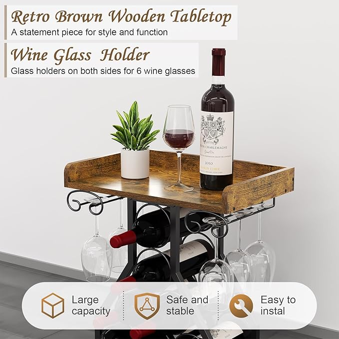 X-cosrack Wine Rack Freestanding Floor, Wine Storage Rack Mini Bar Table with Tabletop, Glass Holder Wine Bottle Display Stand Liquor Cabinet for Home Bar Kitchen Living Room