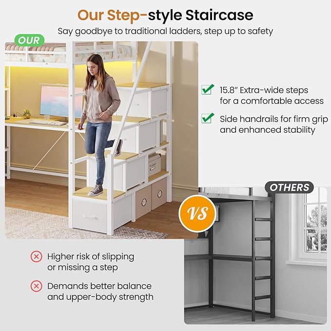 DICTAC Loft Bed Twin Size with Storage Stairs,Desk and Charging Station,Metal Twin Loft Bed with LED Lights,8 Storage Drawers,3-tier Shelves,Loft Beds for Kids,Teens,Adults with Safety Guardrail,White