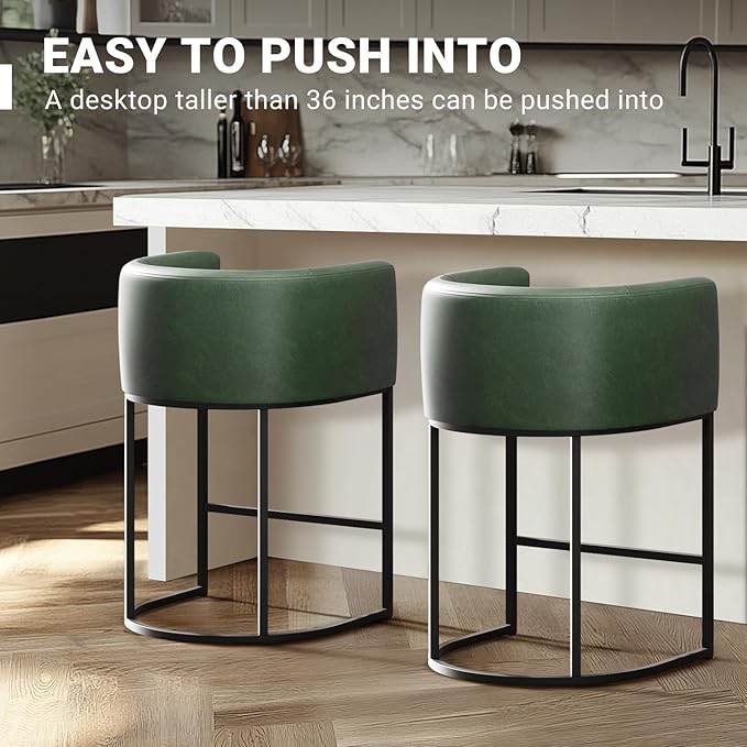 26" H Counter Height Bar Stools Set of 4, Modern Barrel Counter Stools with Backrest and Arms, Faux Leather Upholstered Accent Barstools for Kitchen Island,Support 450 LBS (Green)