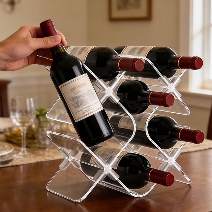 Acrylic 6 Bottle Countertop Wine Rack, Clear Freestanding Tabletop Wine Holder, Modern Space-Saving Wine Storage Organizer for Kitchen Bar Pantry
