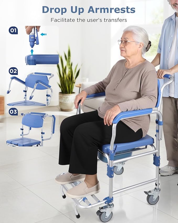 Bedside Commode Wheelchair with Drop Arms & Lockable Casters, Waterproof Aluminum Shower Chair, 330lbs Capacity Portable Toilets, Anti-Tilt Foldable Footrest, Sponge Padded Seat, for Elderly&Mobility