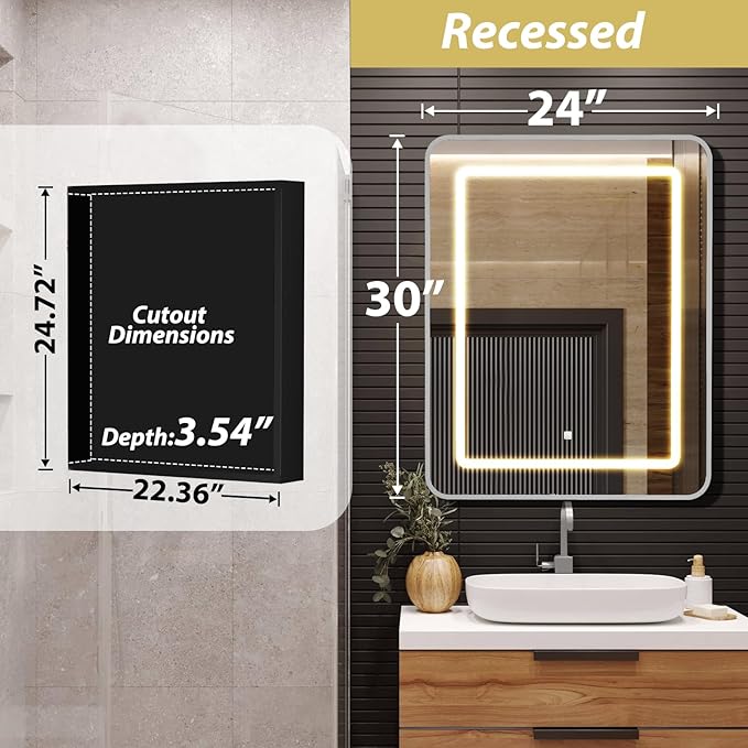 APRILSOUL 24x30 Inch Lighted Bathroom Medicine Cabinet with Mirror, Silver Recessed or Surface Mount Medicine Cabinet Mirror with Storage and LED Lights, 3 Colors Temperature, Dimmable Light