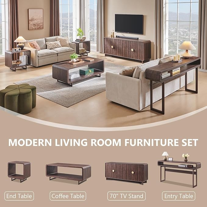 IFGET 70" Modern TV Stand for TVs Up to 80 inches, 30" Tall Entertainment Center with Storage and Adjustable Shelves, TV Console with Curved Profile Design, Media Console for Living Room, Brown