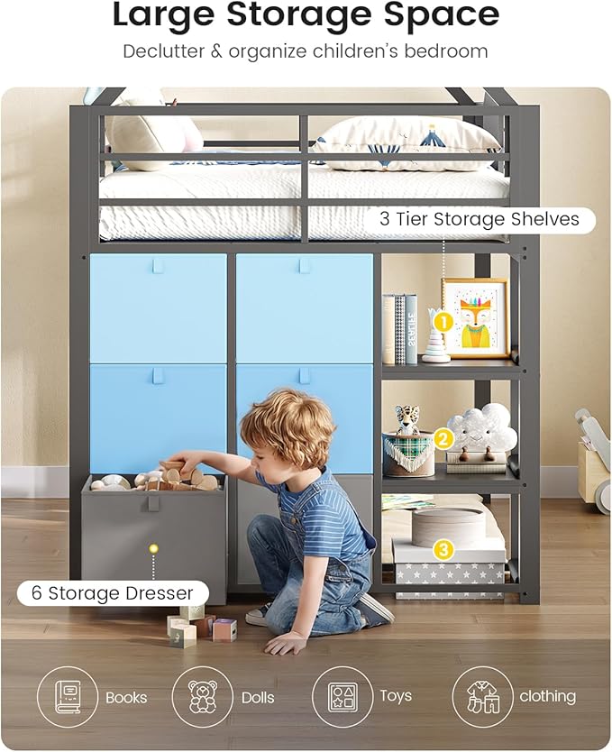 VIAGDO Twin Loft Bed with Desk and Storage for Kids, Metal Low Loft Bed Twin with 9 Drawers, 3-Tier Shelves, Led Lights, Safety Guardrail, No Box Spring Needed,Grey