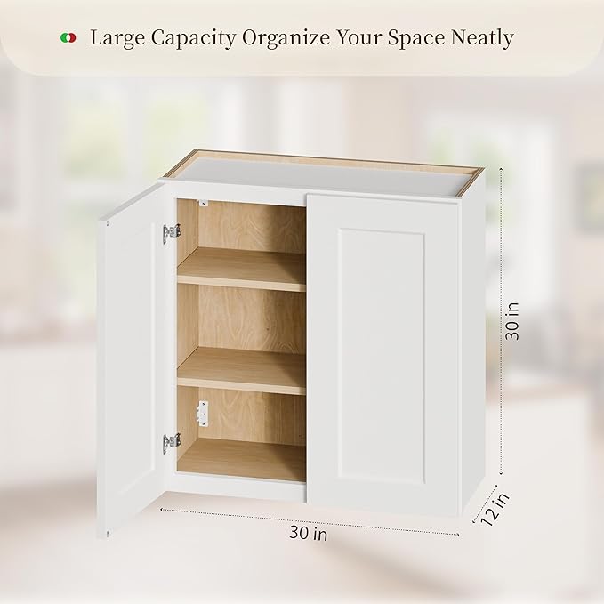 Kisart Laundry Room Cabinets Wall Mounted with Doors & Shelves, Solid Wood RTA Medicine Storage Cabinet, 30Wx30Hx12D Inch White Shaker Hanging Cupboard, Space-Saving for Kitchen, Bathroom, Garage