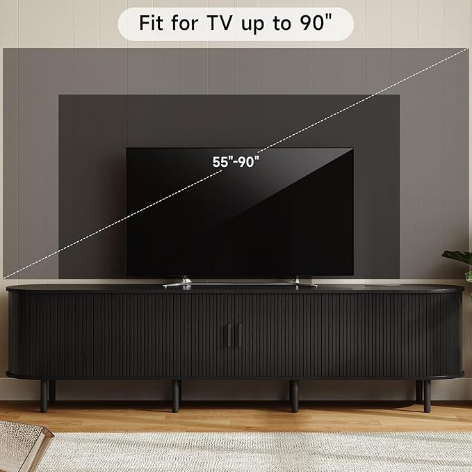ONBRILL 86.6" TV Stand with Power Outlet for TVs up to 90 Inch, Entertainment Center with Storage and Adjustable Shelves, Modern Media Console with Sliding Doors for Living Room, Black
