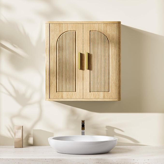 CHOEZON Bathroom Wall Cabinet, Bathroom Storage Cabinet, Medicine Cabinet with Adjustable Shelves and Fluted Doors, Over Toilet Storage Cabinet, for Bathroom, Bedroom, Kitchen, Living Room, Natural
