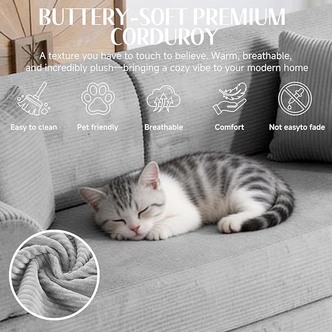 78.8" Convertible Sofa Bed with Detachable Arm Pillow, 6-in-1 Sectional Couches for Living Room, Corduroy Boneless Couch, Sleeper Loveseat Couch Bed, No Assembly, Light Gray Couch