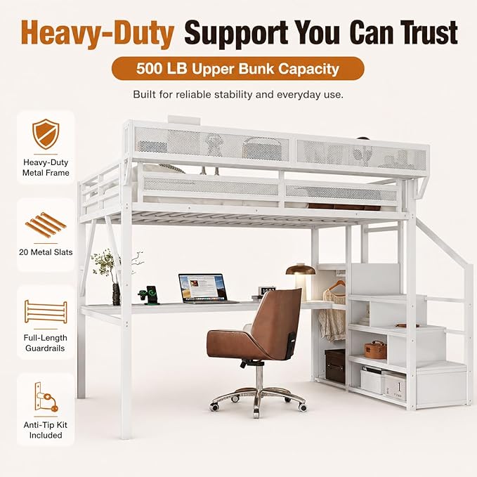 Mirightone Full Loft Bed with Desk and RGB Light, Metal Loft Bed Frame with Stairs and Bedside Shelf, Heavy-Duty Lofts Beds with Storage Shelves and Wardrobe for Kids Teens, White