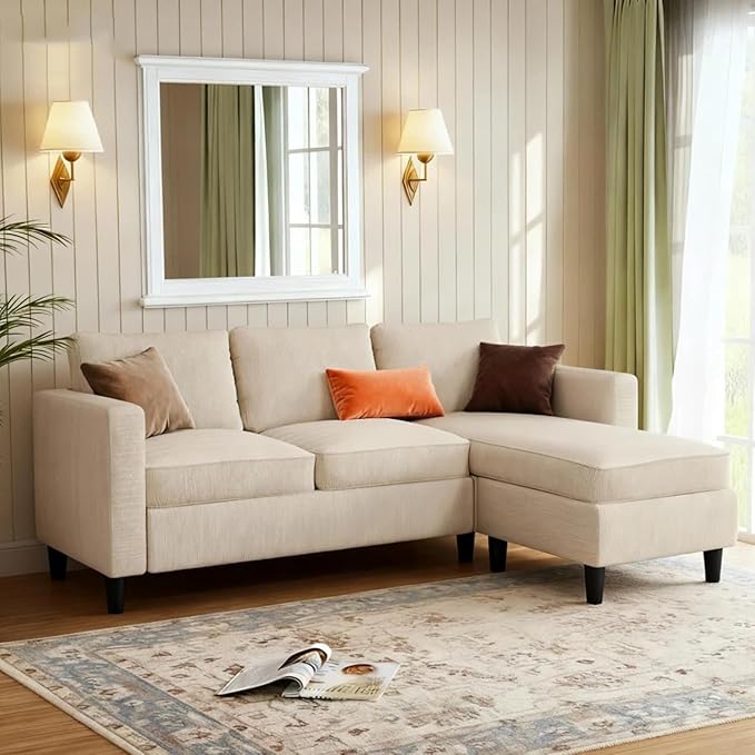 JAMFLY Sectional Sofa for Living Room, 3-Seat Reversible Couch with Convertible Ottoman, Modern L-Shaped Sofas for Small Apartment, Studio & Office, Tool-Free Easy Assembly, Beige