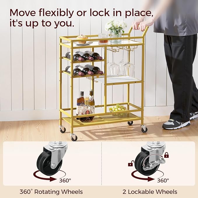 MAHANCRIS Bar Cart for Home, 3-Tier Serving Cart with Mirrored Top, Beverage Cart with Wine Rack and Glass Holder, Drink Cart with Wheels, for Dining Room, Living Room, Gold and White RCJM7101