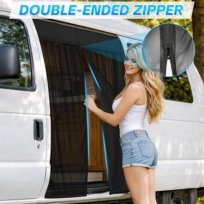 Magnetic Van Screen for Ford Econoline/Ford E-Series E-150 E-250 E-350 E450 1992-2005 - Mosquito Net with Zipper for Sliding Door - 60" H x 57" W