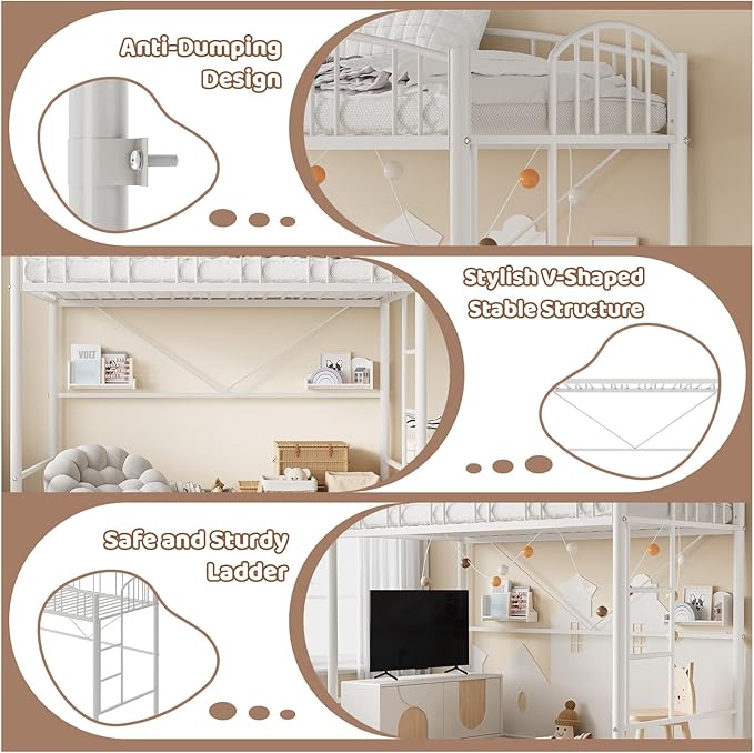 GarveeHome Loft Bed Twin Size, Heavy Duty Metal Loft Bed Frame with Arched Guardrail and Safety Ladder, Space-Saving, No Box Spring Needed, Modern White