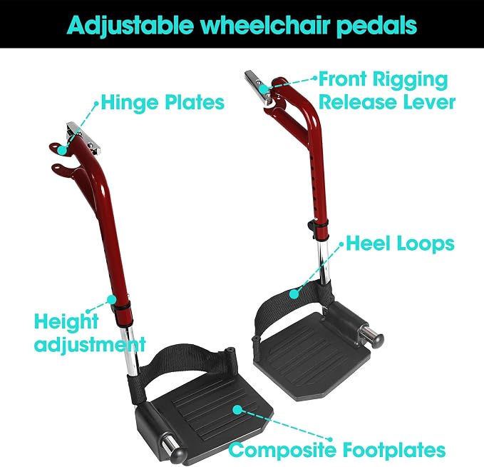 Comfort Support Wheelchair Footrest Replacement - Adjustable Composite Footboard & Heel Loop, Universal Foldable Foot Rest, Red, Lightweight, Easy Installation(1 Pr, Deepred)