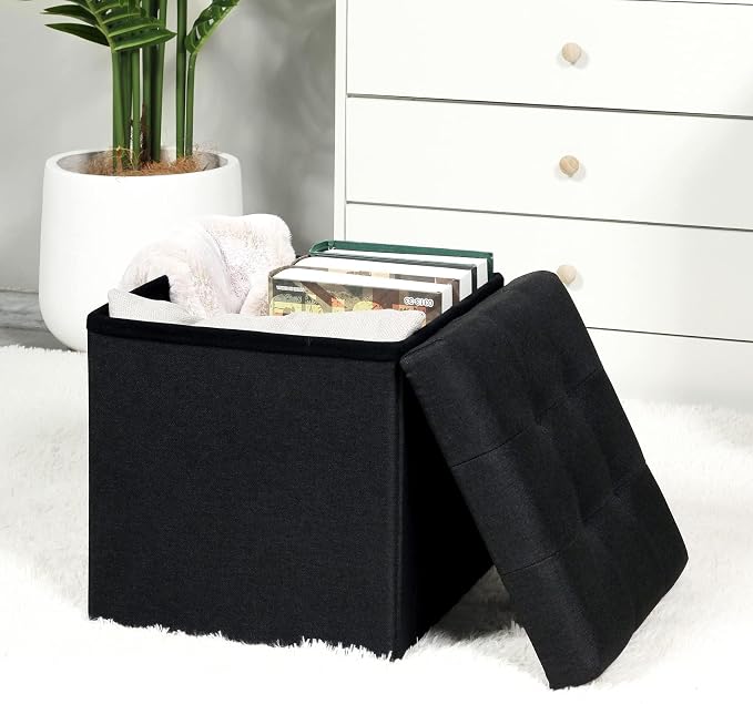 B FSOBEIIALEO Storage Ottoman Cube, Storage Chest Folding Foot Rest Seat, Linen Black 12.6"X12.6"X12.6" (2 Pack)