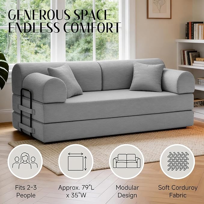 78.8" Convertible Sofa Bed with Detachable Arm Pillow, 6-in-1 Sectional Couches for Living Room, Corduroy Boneless Couch, Sleeper Loveseat Couch Bed, No Assembly, Light Gray Couch