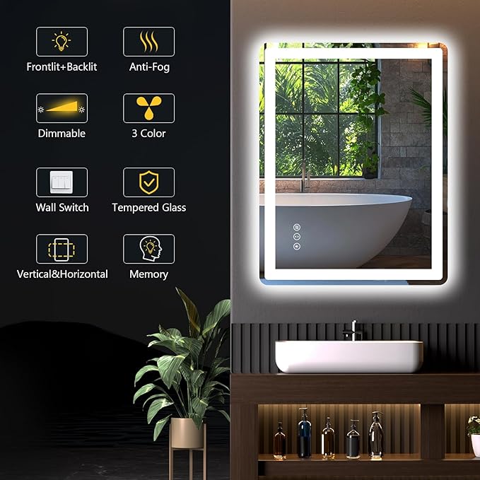 LED Bathroom Mirror 48"x 30" with Front and Backlight, Anti-Fog, Lighted Bathroom Vanity Mirror for Wall, Dimmable, Shatter-Proof, Rounded Rectangle Mirror Tempered Glass(Horizontal/Vertical)